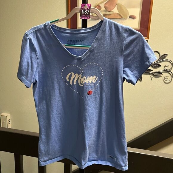 EUC Life is Good Blue 'Mom' T-ShirtSize Small V-Neck #87 - Picture 1 of 4